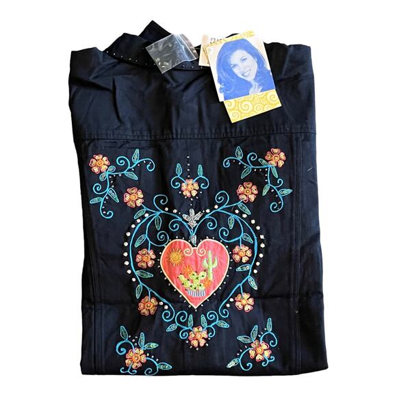NEW Susan Graver Womens 3X Black Denim JEAN JACKET Embroidered Sequin Mob Wife - Picture 1 of 9